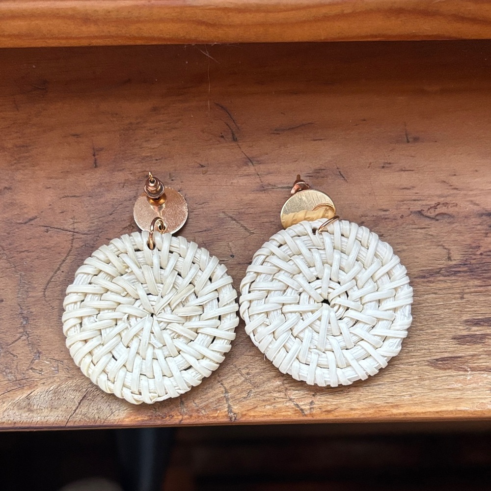 Woven Rattan Earrings in Cream